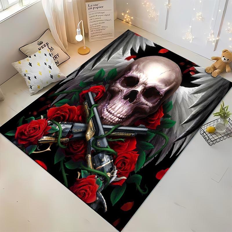 Skull Rug with Guns, Red Roses and Wings On Black Background Suitable for Use As an Anti-slip for Living Room Bedroom Sofas