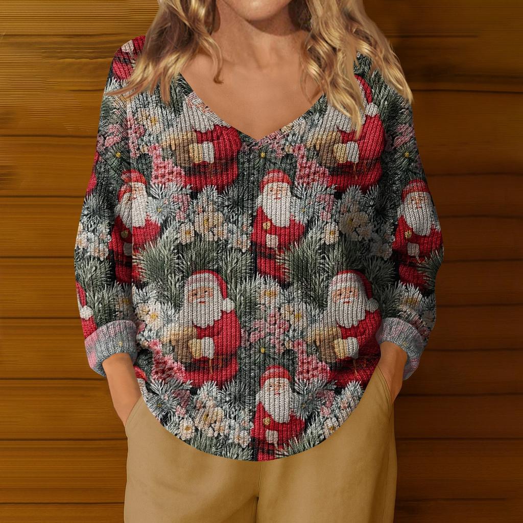 Women's Fashion Casual Long Sleeve Christmas Snowman Print V-Neck Top