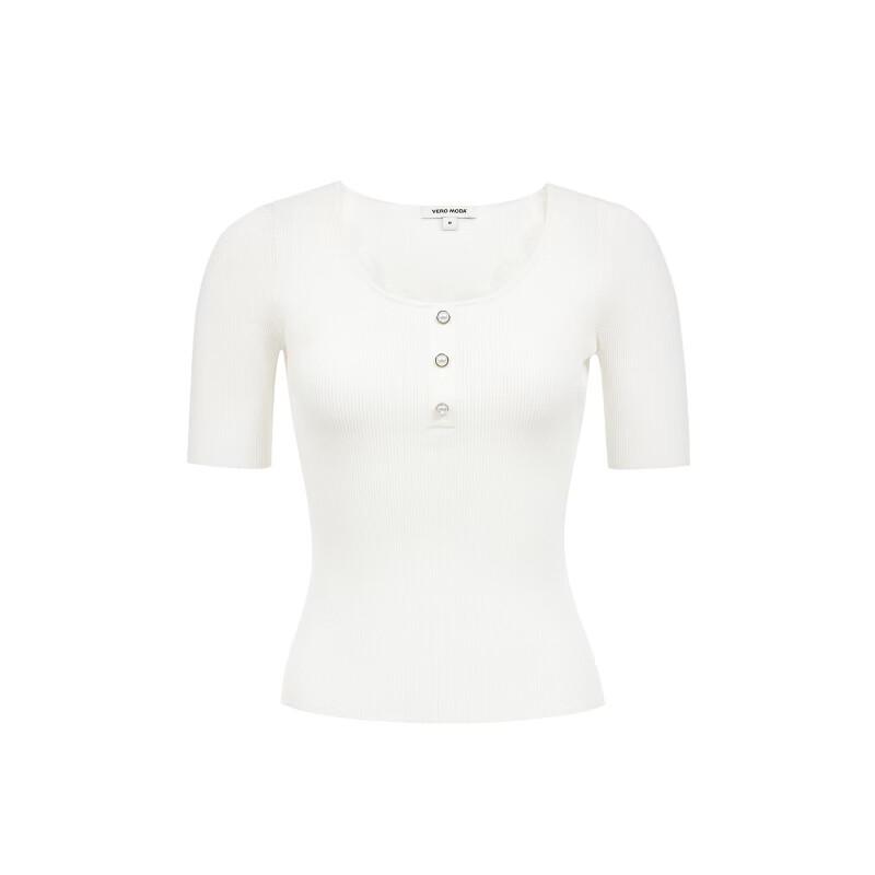 VEROMODA Women's Summer Lace Panel U-Neck Knit Top with Faux Pearls