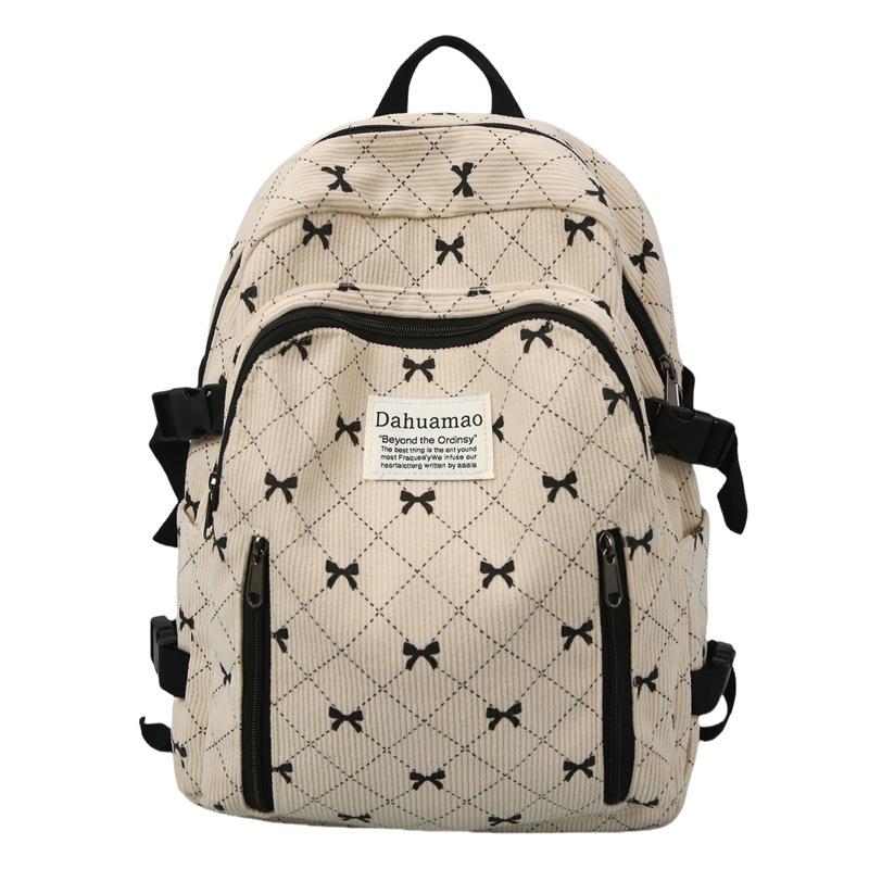 Schoolbag trendy schoolbag women's new corduroy large capacity bow printing student backpack high value backpack
