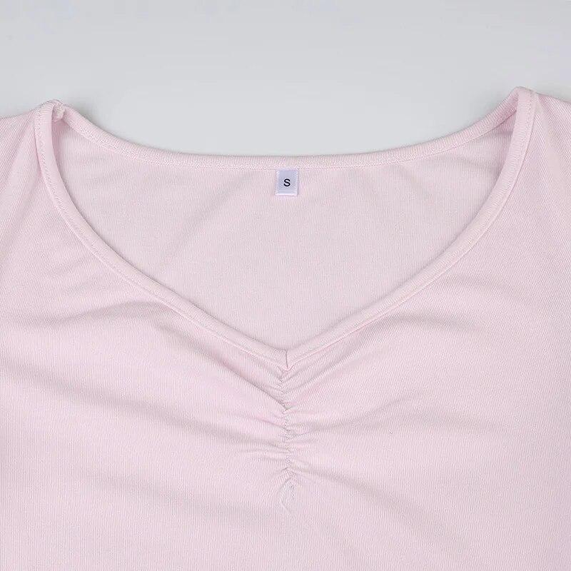 Pink Kawaii Pleated One Piece Dress Women Cute Sexy Long Sleeve Low Waist Slim Dresses Female Sweet Folds Ruffle Fashion Clothing 2024