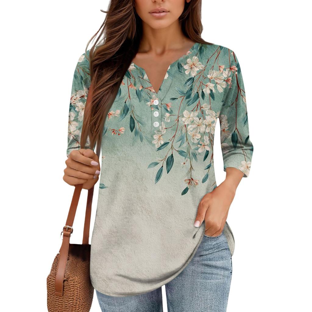 3/4 Length Sleeve Women's Tops Print Vintage Fashion Casual Loose With V Neck Plus Size Shirts Tops