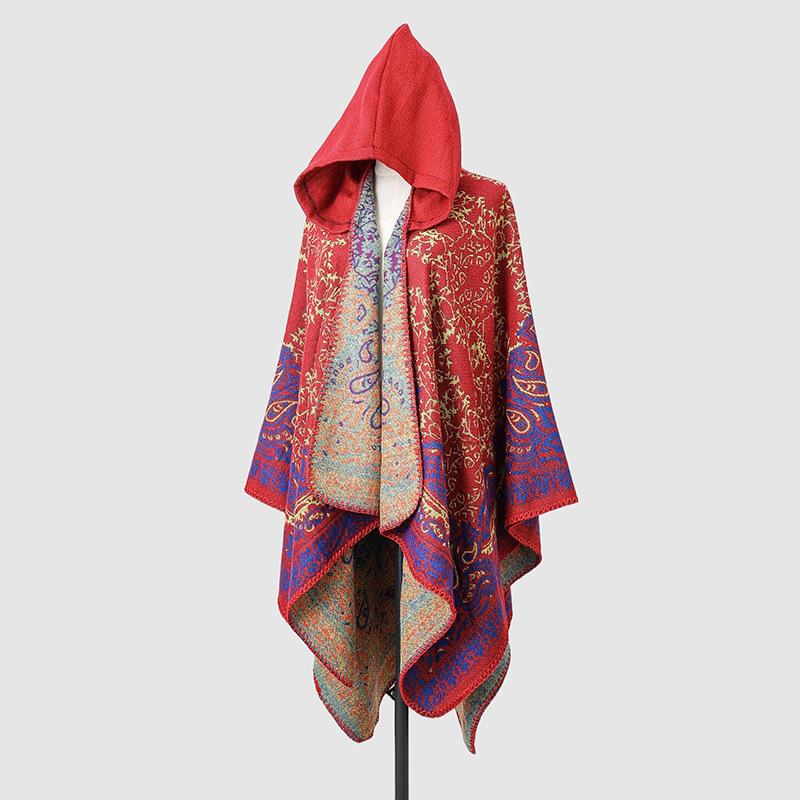 Winter Women Scarf Layers Poncho Hooded Elegant Lady Retro Boho Print Wraps Shawl Casual Scarve Capa Para Mujer Pashmina Cloak