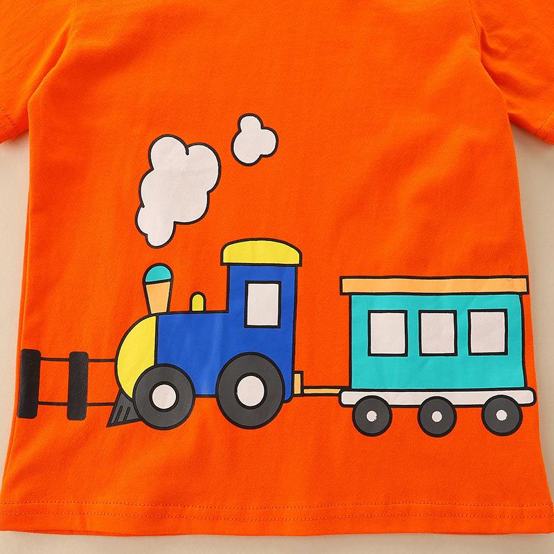 Fashion Boys T-Shirt Summer New Cartoon Train Print Kids Crew Neck Short Sleeve Top