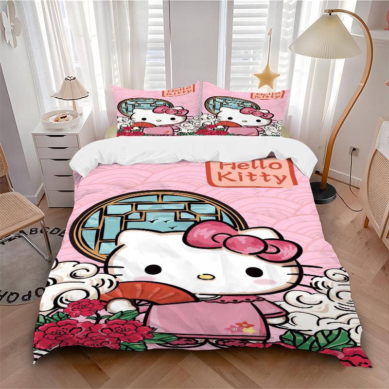 3pcs Ancient Style Hello Kitty Pattern Bedding Three-Piece Set (1 Cover + 2 Pillowcases, No Fillings), Soft and Comfortable W004