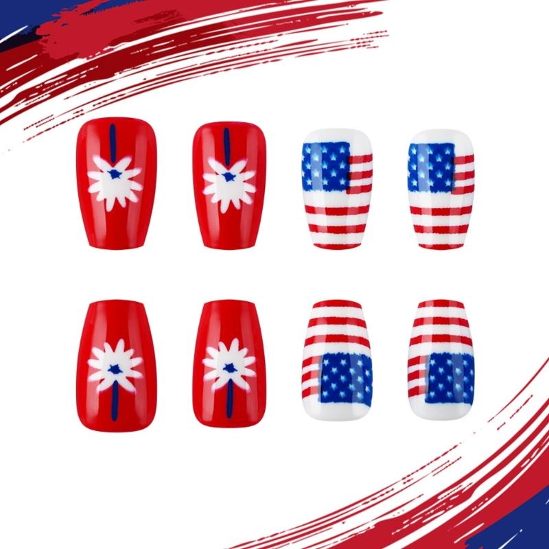 4th of July Press On Nail Square French Tip Fake Nail Independence False Nail with American Flag Star Stick On Nail
