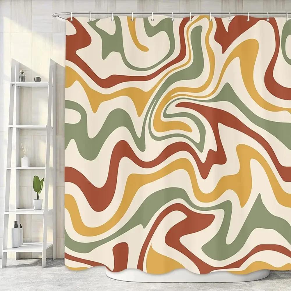 Pink Shower Curtain, Aesthetic 80 S Abstract Wave Swirl Cute Beige Shower Curtain, Retro Simple Bathroom Accessories