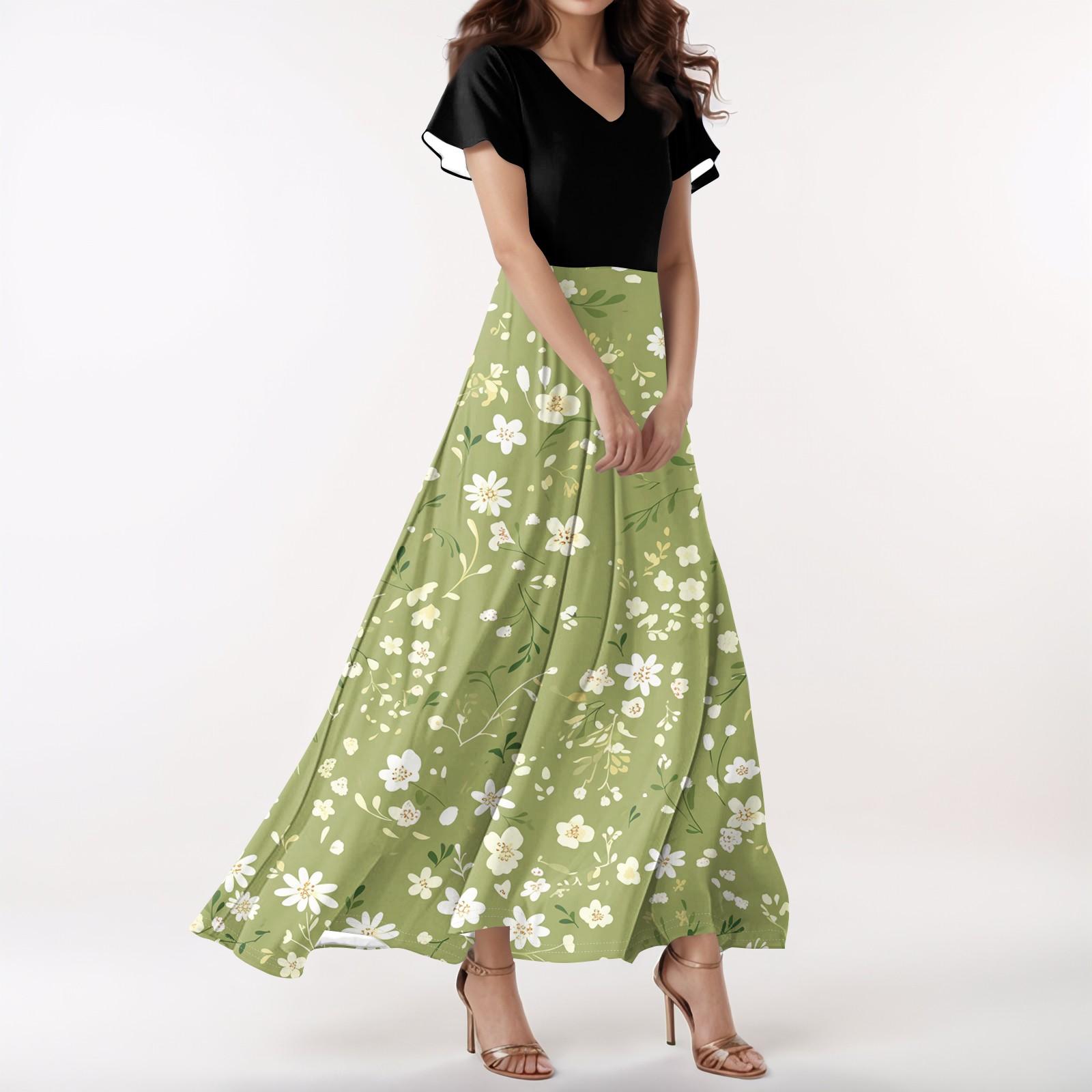 

Женское повседневное платье с V-образным вырезом, коротким рукавом, высокой талией и принтом в виде цветов и листьев в стиле ретро S