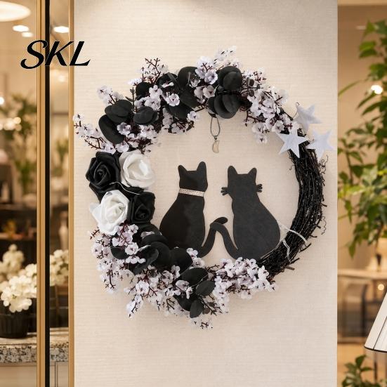 Black Cat Wreath with Lights Halloween Floral Garland, String Lights, Silhouette Romantic Decor Wreath, for Front Door Indoor Outdoor Wall Spooky And