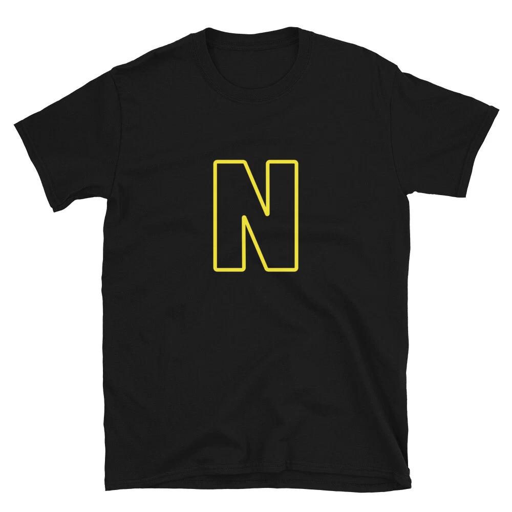 Letter N Yellow Bold Font Simple Black T-Shirt L