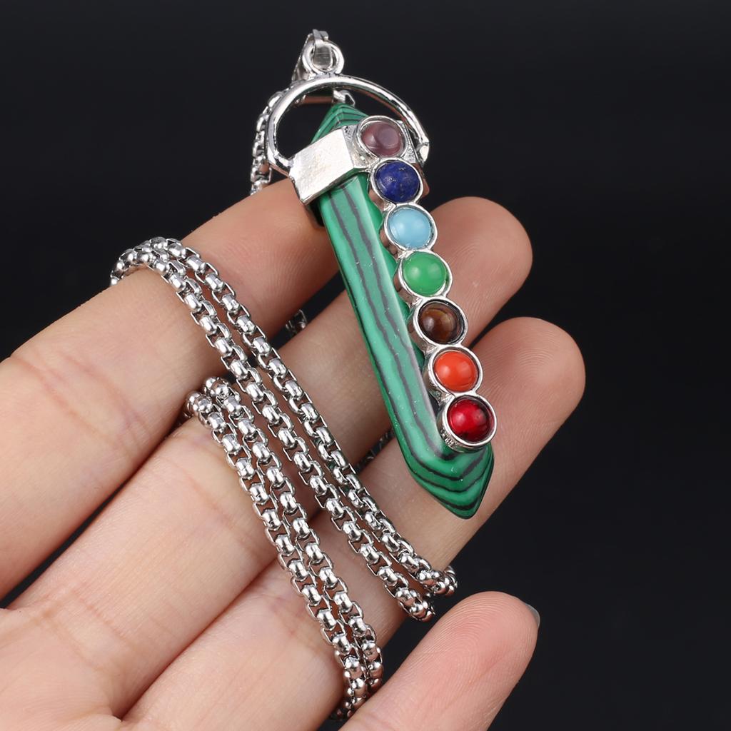 1Pc, Spiritual Healing Crystal Pendant Necklace, Geometric Double-pointed Hexagonal Pyramid Inlaid Seven Chakra Gems Charms Necklaces for Women Men