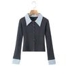 Slim Fit Striped Patchwork Polo Collar Knit Cardigan Long Sleeve Top Women Streetwear