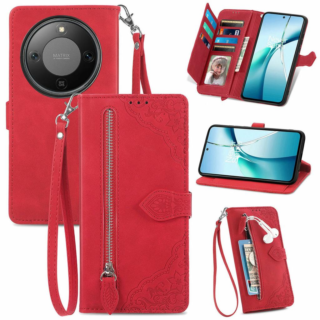 For Honor X70 Pro 5G Zipper Wallet Case with Strap Flower Imprint PU Leather Phone Cover