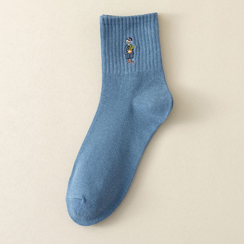 Men's Embroidered Long Cotton Socks - Autumn/Winter Mid-Tube Solid Color Sports Socks with Japanese Sunglasses Design.