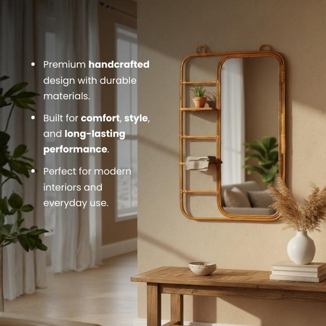 Handmade Rattan Wall Decor Ladder Mirror Frame Beige