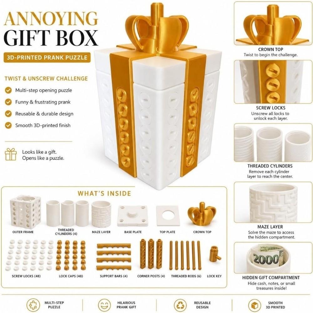 Detachable 3D Printed Prank Gift Box Funny Prank Screw Box Surprise Money Puzzle Box  For Christmas