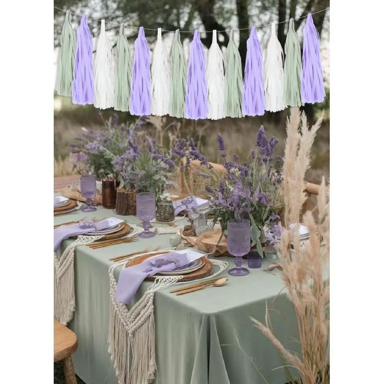 Dusty Sage Green Purple Lilac Lavender Party Decorations Paper Tassel Garland Banner Fringe Streamers Wildflower Fairy Birthday Baby Shower Wedding
