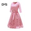 Women Prom Dress V Neck Back Zipper Bow Belt Tight Mid Waist Flower Embroidery A-line Loose Hem Long Sleeve Double Layers Elegant Party Banquet Midi