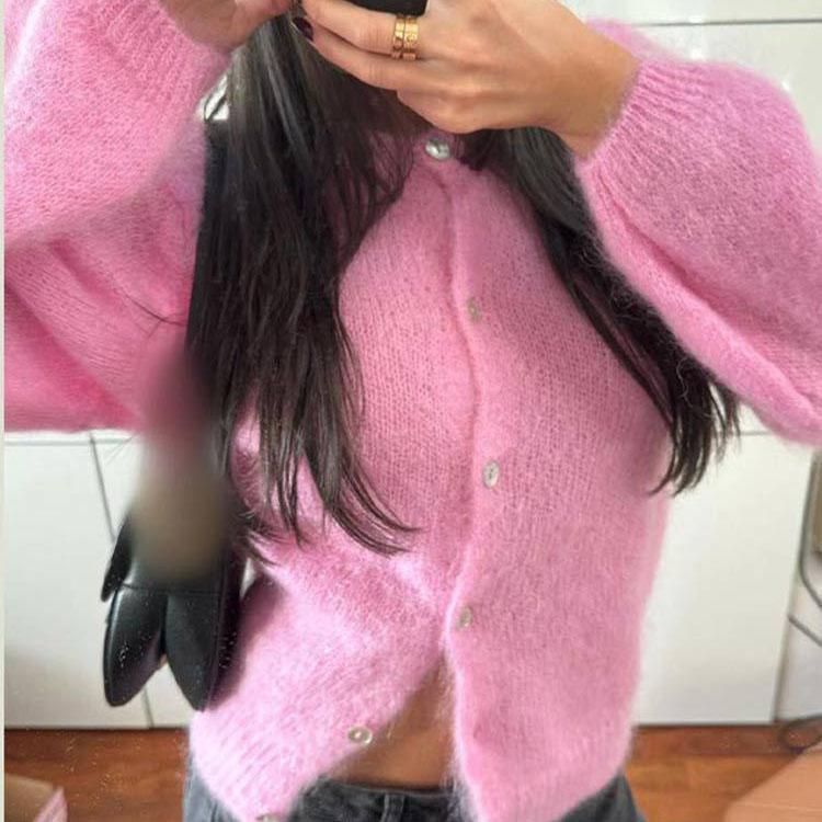 Temperament Pink Knitted Sweater Cardigan Women Autumn Versatile Button Loose Long Sleeve Coat Fashionable Sweet Girl Plush Coat