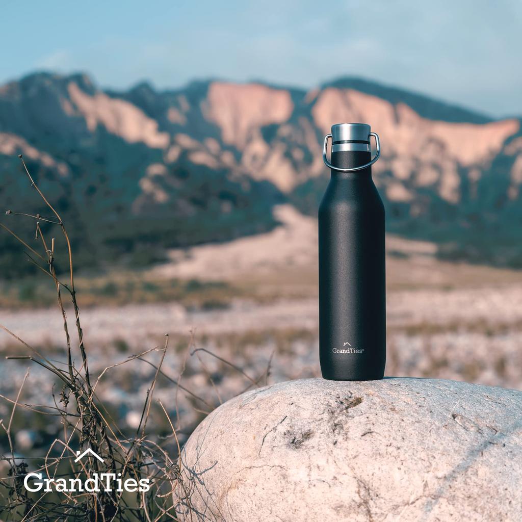 GRANDTIES Traveler Bottle, 620ml, Available in 6 Colors (Midnight Black), with Two Lids, Double-Layer Vacuum Insulated Stainless Steel Bottle, Keeps