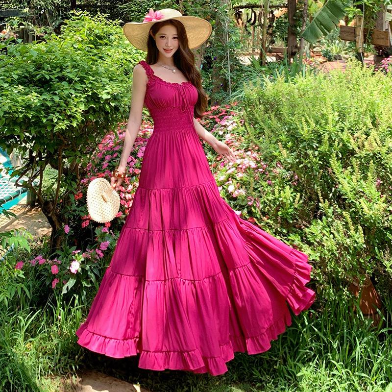 High-end Design Romantic Seaside Wear Pinch Waist Suspender Dress Women's Summer Sanya Travel Dress