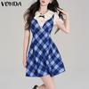 VONDA Women Elegant Puff Sleeve Stitching Neck Casual Mini Pleated Dress