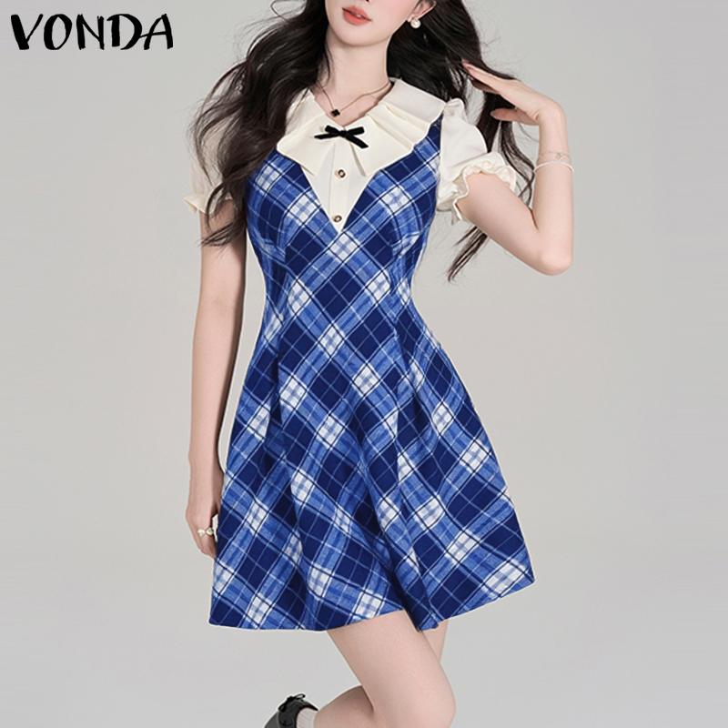 VONDA Women Elegant Puff Sleeve Stitching Neck Casual Mini Pleated Dress