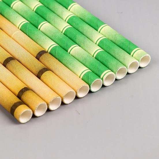 50Pcs Paper Straw Flat Mouth Bright Color Bamboo Pattern No Odor Eco-friendly Drinking Long Tropical Party Beverage Straw for Club