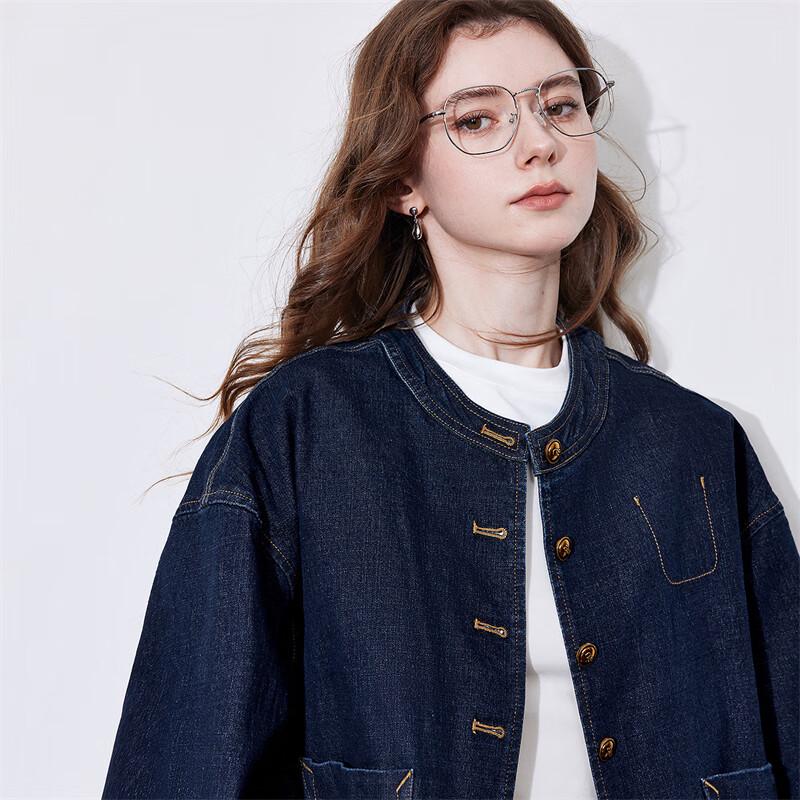 Chuyu Women's Retro Workwear Round Neck Denim Jacket