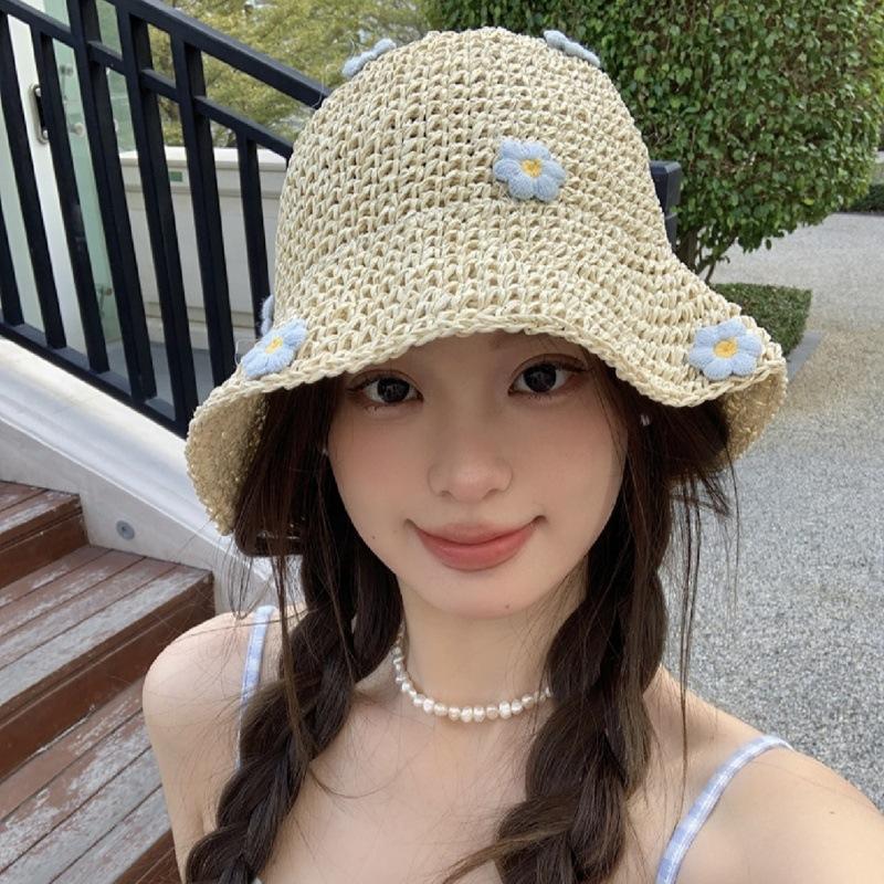 Summer Sun Hat Korean Wide Brim Straw Hat Women Foldable Panama Cap UV Sun Cap Boho Flower Fishing Vacation Beach Hat