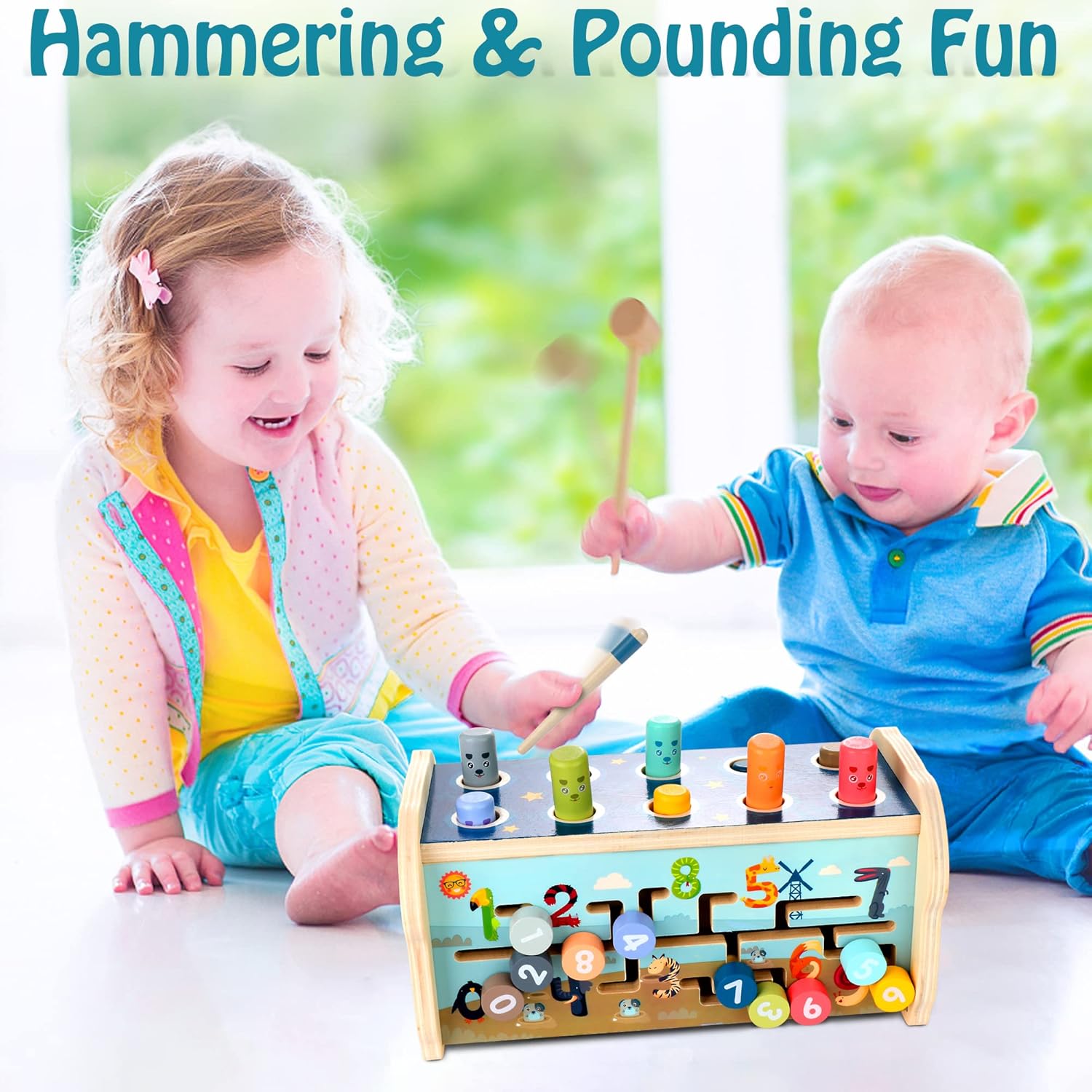 KIDWILL Montessori Pounding Toy for 1 2 Year Olds Wooden Hammering & Activity Board with Xylophone, Number Maze, Pounding Bench Educational Toddler