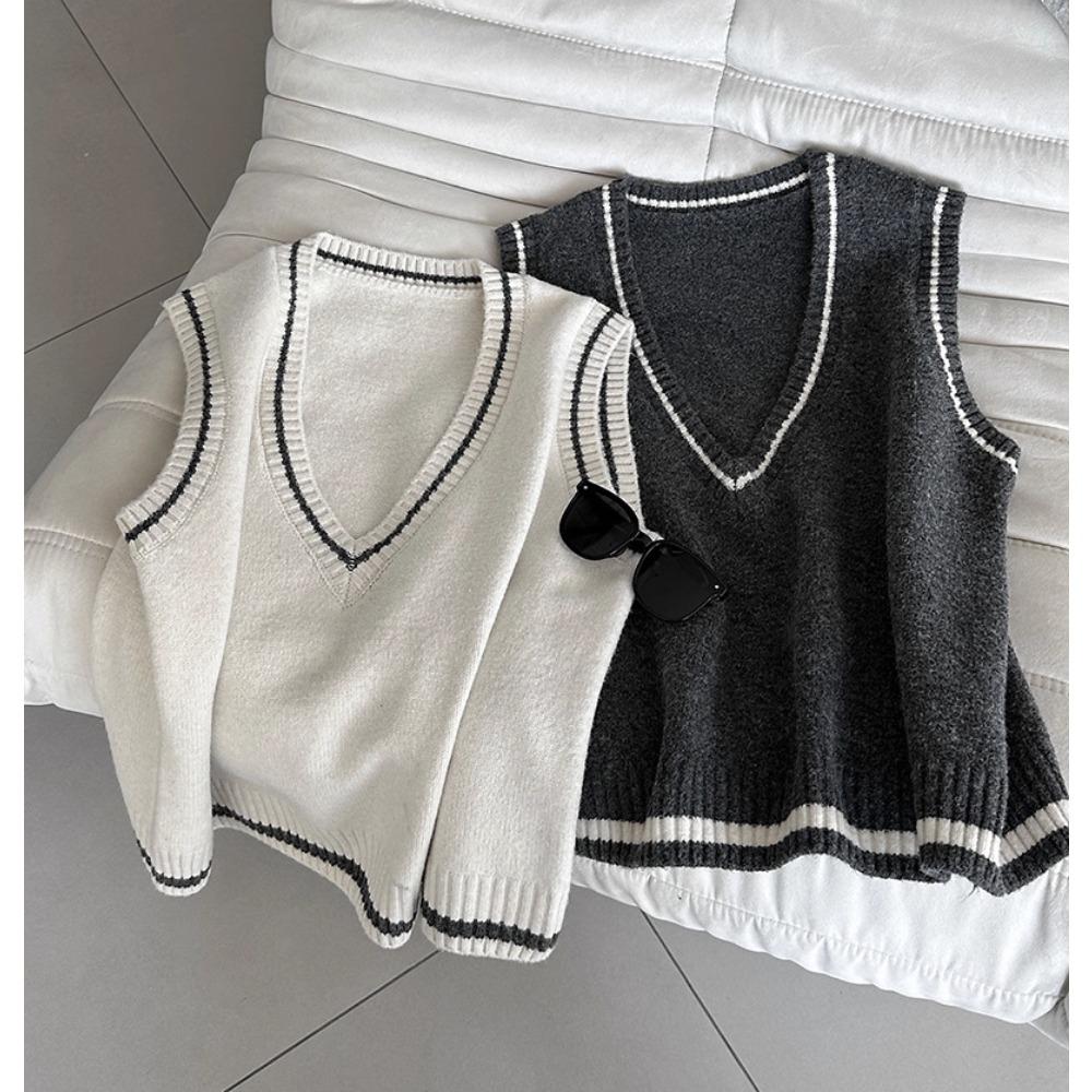DIMANAF 2025 Plus Size Sweaters Vest Autumn Women Solid V-Neck Sweaters Knitting Loose Grey Beige Sweater