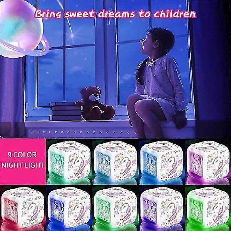 Alarm Clock for Girls, Unicorn Night Light Kids Alarm Clock with 4-sided Unicorn Pattern & 9 Kinds of LED Glowing Bedside Alarm Clock
