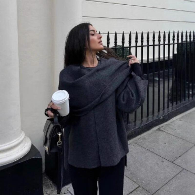 Dámský pletený kabát/bunda s krátkým/dlouhým rukávem na podzim a zimu, ležérní volný šál, pláštěnka, šála, kardigan