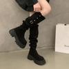 Korean Version of Fashion Two Wear Folded Platform Boots Children 2025 Autumn and Winter New Thick Heel Knee Knight Boots Black