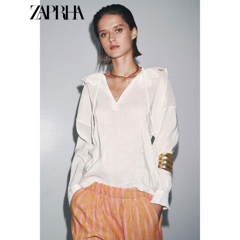 Zaprha 2025 Summer New Fashion Linen Blend Round Neck Loose Long Sleeve Shirts Top 8224149
