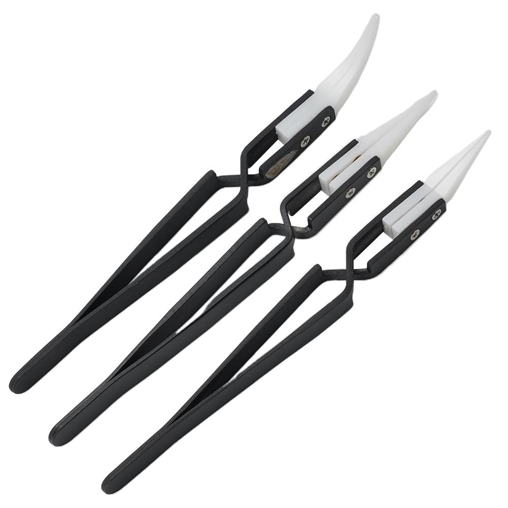 Ceramic Tweezers Tweezers 3 Pcs Anti-Static Electronic Soldering Reverse Acid Resistant Straight Tip Black Handle