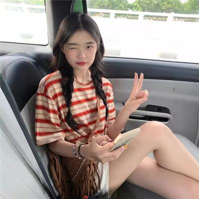 Striped Short-sleeved T-shirt for Women's Summer New Loose Casual Versatile Round Neck Pullover Student Top