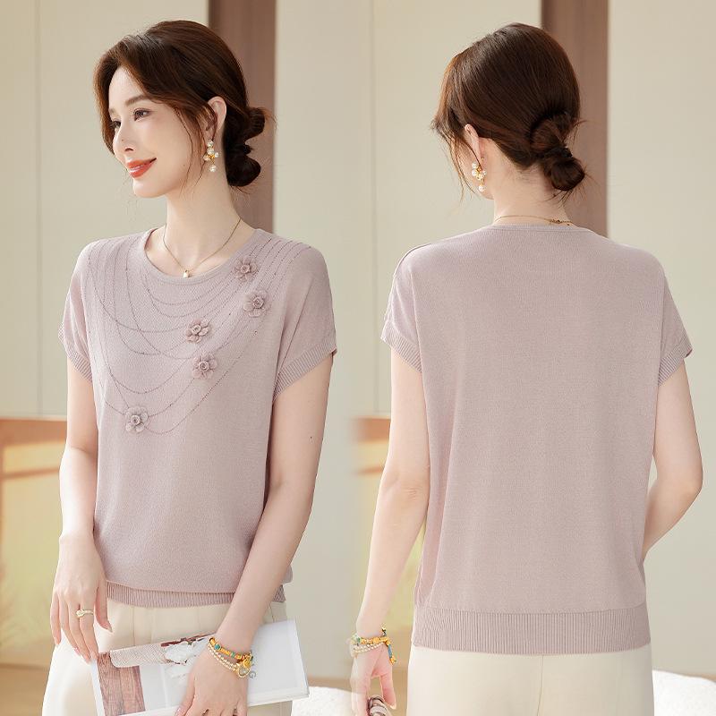 

Ice Silk Rhinestone Blouse for Women 40-60, Short-Sleeve, Breathable, Round Neck XS (85-100 Jin) світло-рожевий колір