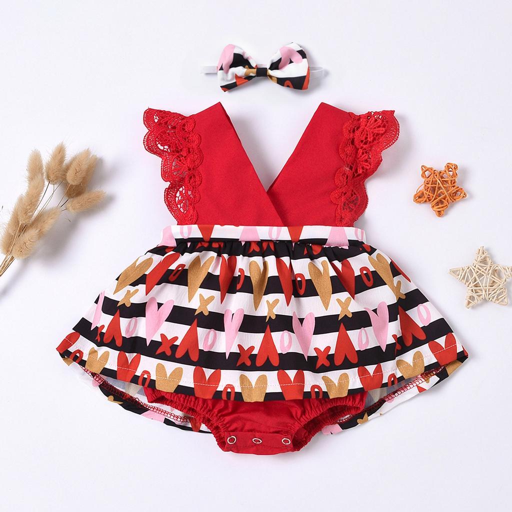 Valentine's Day Baby Kids Sleeveless Printed Romper jumpsuit+headband Set outfit