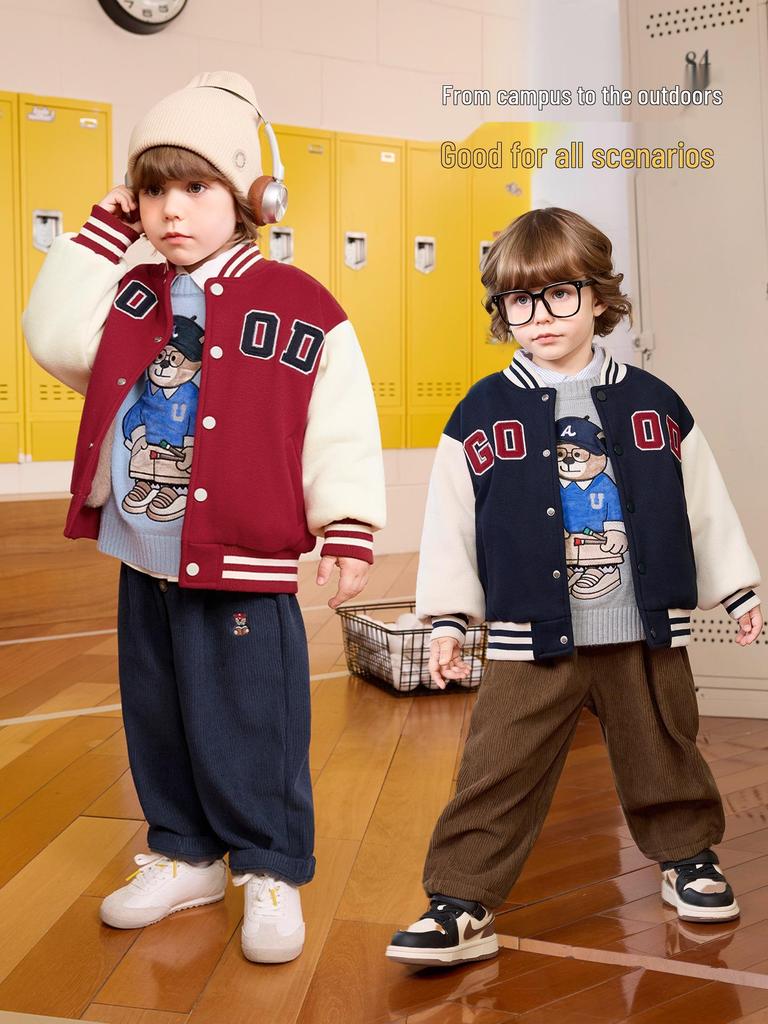 European Boys' Fleece-Lined Baseball Jacket - Thickened Winter 2025 Kids Toddler Coat