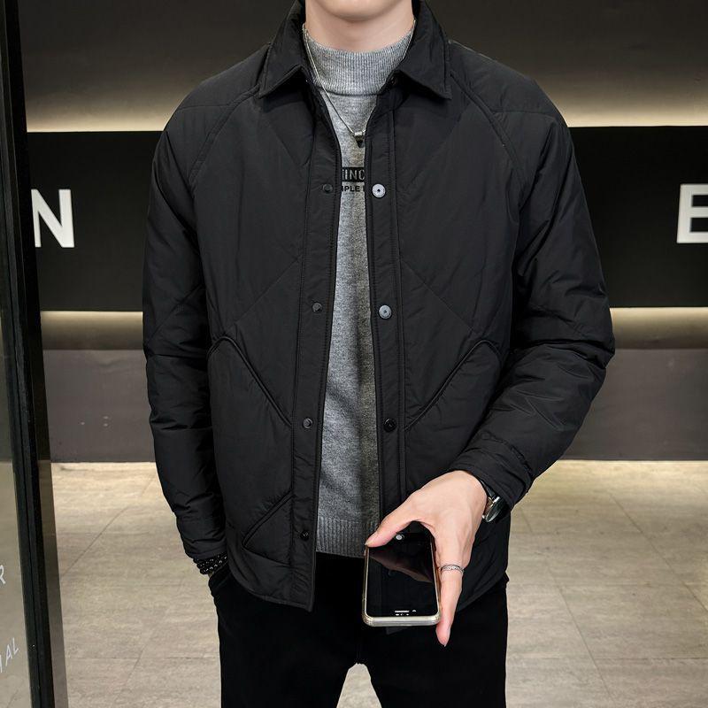 Men's Lightweight Korean Style Plaid Down Jacket with Turn-Down Collar