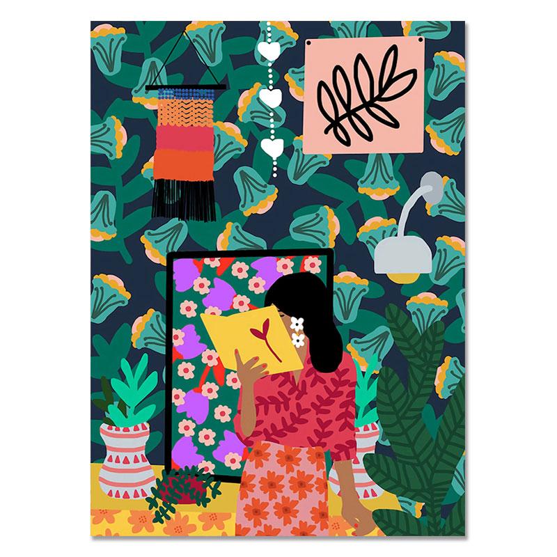 Abstract Fashion Vintage Girl Plant Dog Wall Art Canvas Painting Nordic Posters And Prints Wall Pictures For Living Room Decor