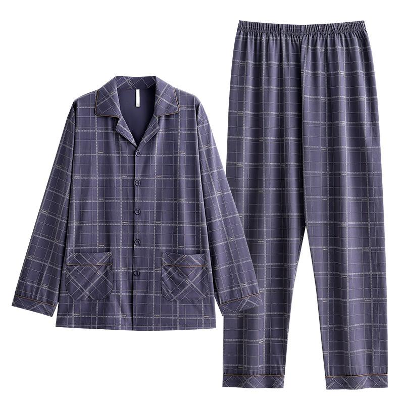 Men'S Pajamas Spring And Autumn Cotton Long-Sleeved Cardigan Set Large Size Casual Loose Men'S Plaid Loungewear Set