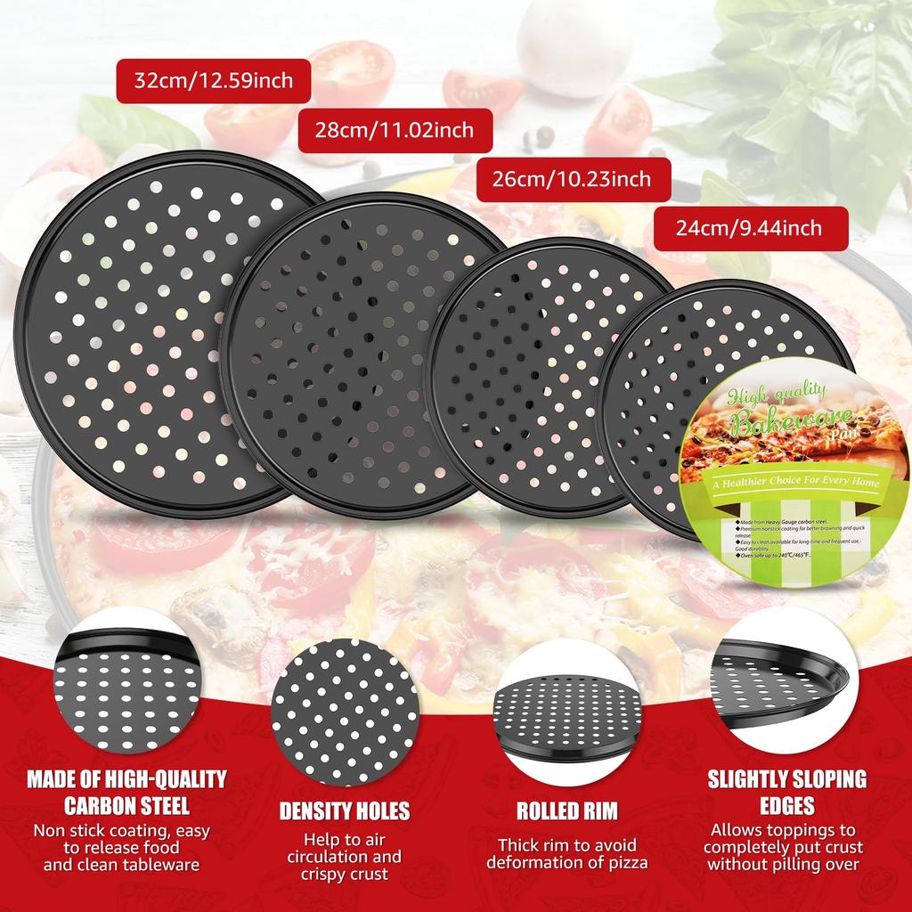 3/4Pcs Pizza Pan Bakeware Baking Tool Carbon Steel Non-stick Pizza Trays with Perforated Holes Kitchen Round Pizza Baking Sheet