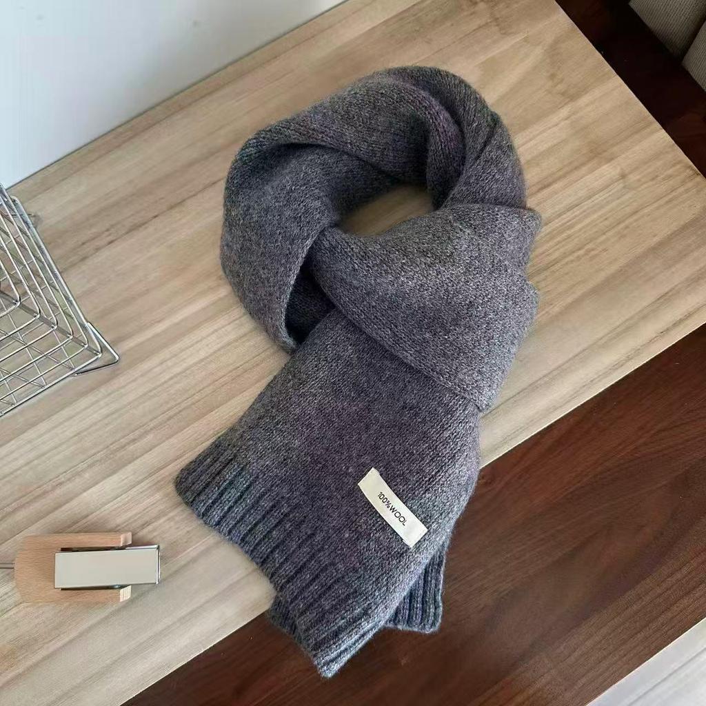 100% Wool Knit Cashmere-Style Scarf: Versatile Solid Color for Men and Women, Korean Winter Fashion