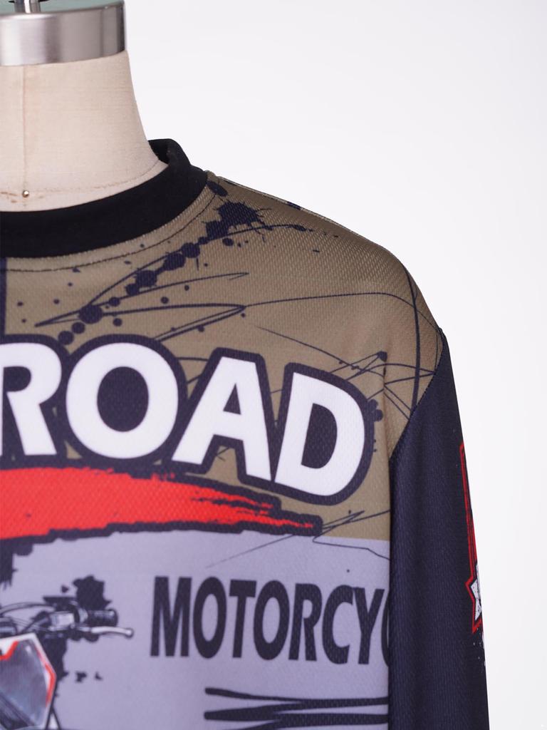 Kinder Jungen Bedruckter Motocross Anzug Off-Road Motorrad Rennanzug Rundhals Langarm Oberteil mit Elastischem Bund Taschen Hose