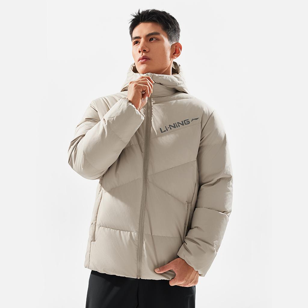 Li Ning Fitness Series Water-Resistant Infrared Thermal Casual Hooded Short Zipper Down Jacket Men Outerwear Dusty-Gray AYMV767-3