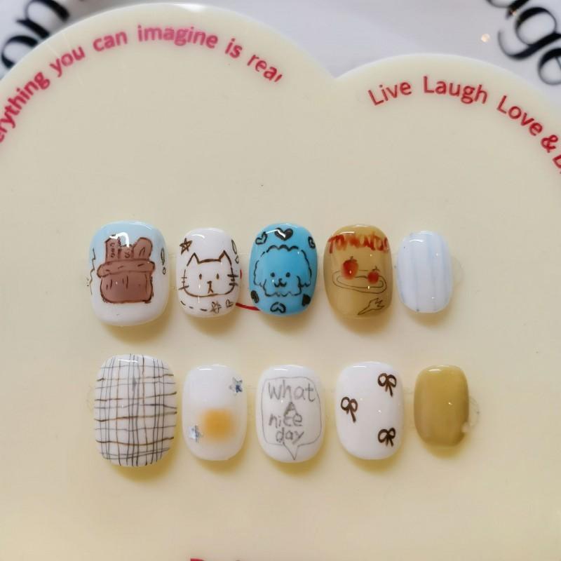 Cute Hand-Painted Press-On Nails Short Square Cat Eye Design Sweet Ins Style Nail Art Women