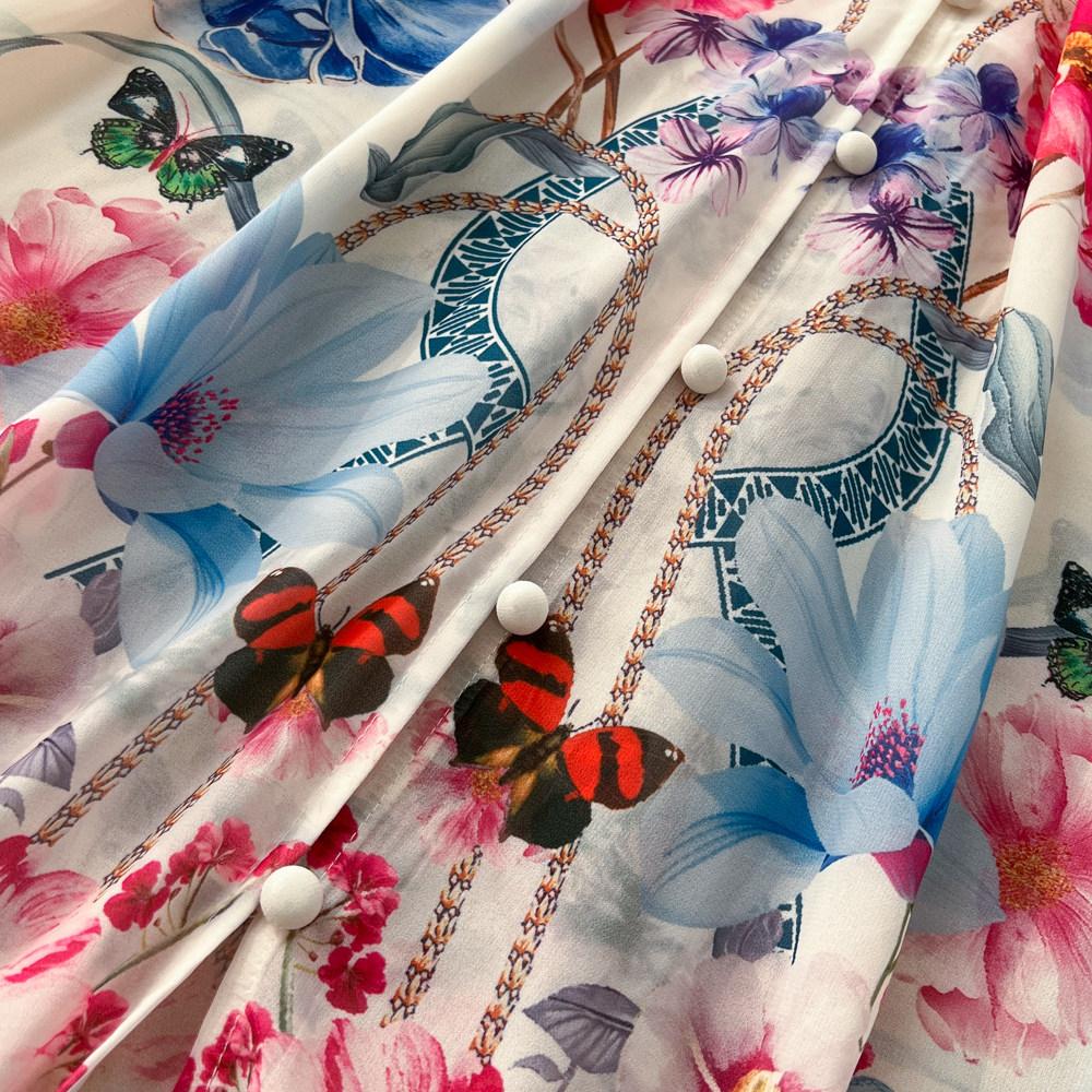 Palace Floral Maxi Dress Women Summer Holiday Chiffon Long Dresses Shirt 2026 Spring Long Sleeve Single Breasted Party Dress